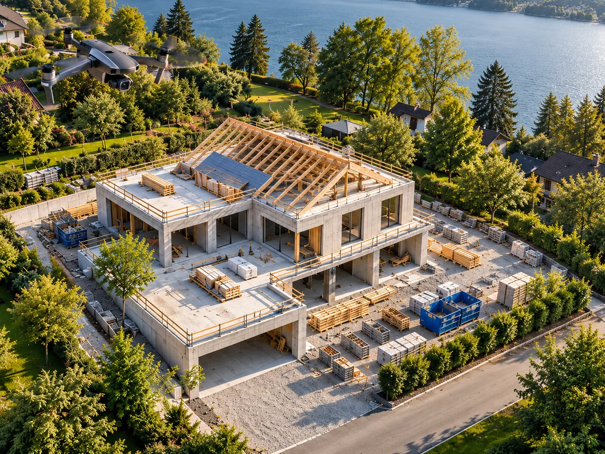 Drohne über einem modernen Wohnhaus im Bau – digitale Baustellenerfassung