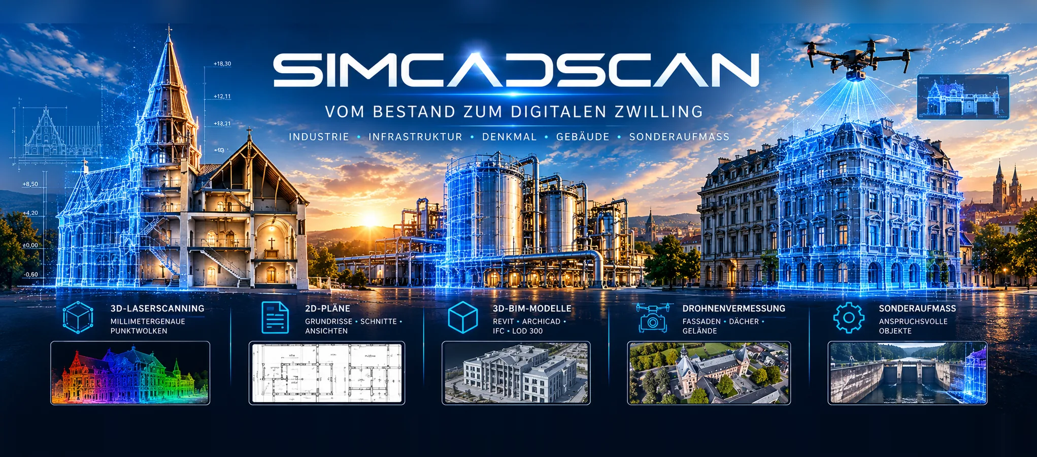 SIMCADSCAN Leistungsportfolio: 3D-Laserscanning, Punktwolken, 2D-Bestandspläne, 3D-BIM-Modelle, Drohnenvermessung und Sonderaufmaß