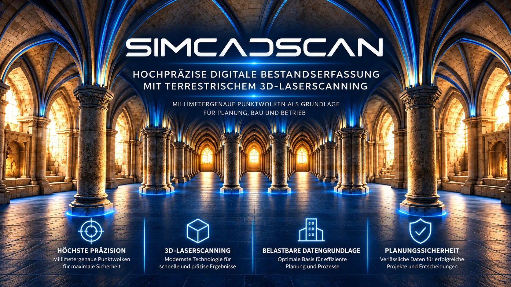 SIMCADSCAN – Konzeptvisualisierung eines historischen Gewölbes mit digitalen Bestandsdaten, blau beleuchtet