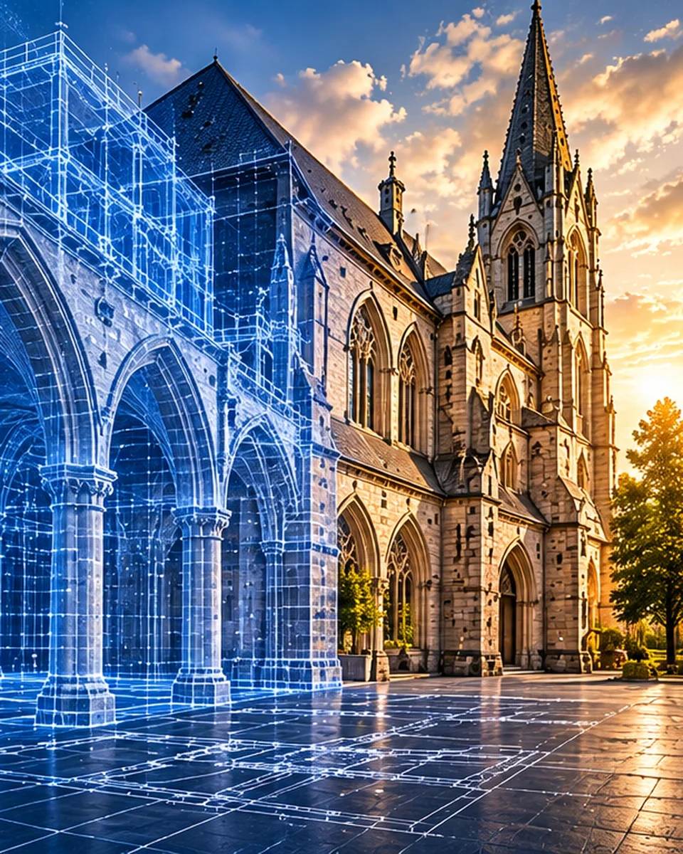 Illustration eines historischen Gebäudes mit blauer geometrischer 3D-Rekonstruktion