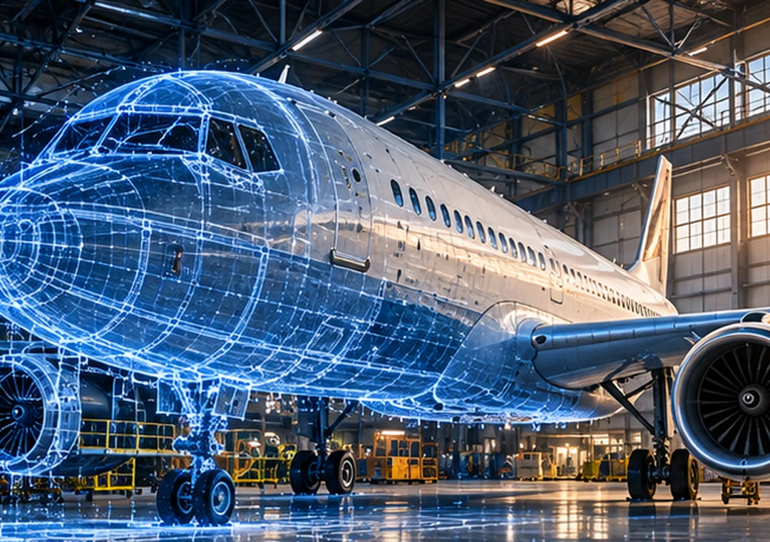 Illustration eines Flugzeugs und eines Wohnmobils mit digitalen Geometrieüberlagerungen