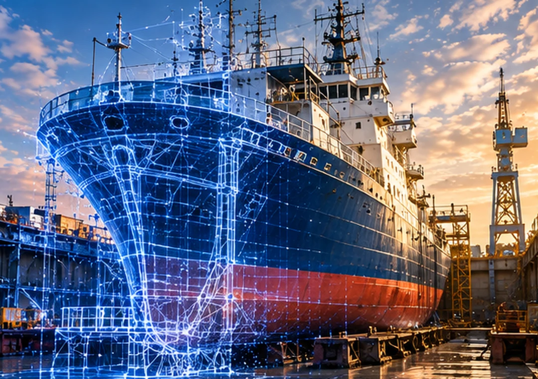 Schiff in einer Werft mit digitaler Rumpfgeometrie