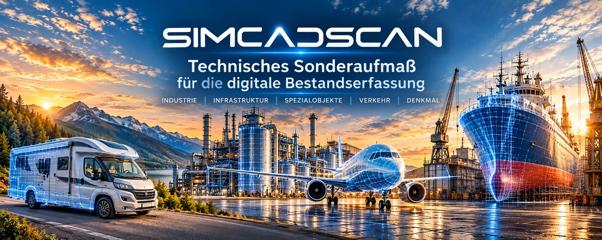 Technisches Sonderaufmaß für die digitale Bestandserfassung: Wohnmobil links, technische Anlagen und Flugzeug in der Mitte, Schiff rechts – symbolische 3D-Bestandsdatenvisualisierung