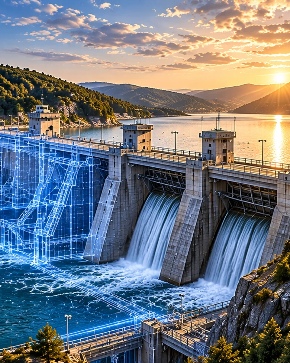 Stauwerk mit blau hervorgehobener digitaler Bestandsgeometrie und Wasserüberlauf