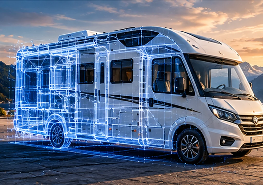 Wohnmobil mit überlagerter 3D-Bestandsgeometrie